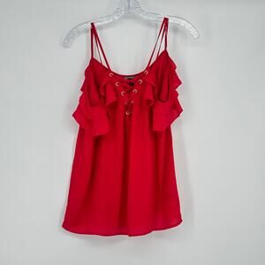 Express Women's Cold Shoulder Cami Top Size M Red Ruffle Lace Up Dressy Blouse